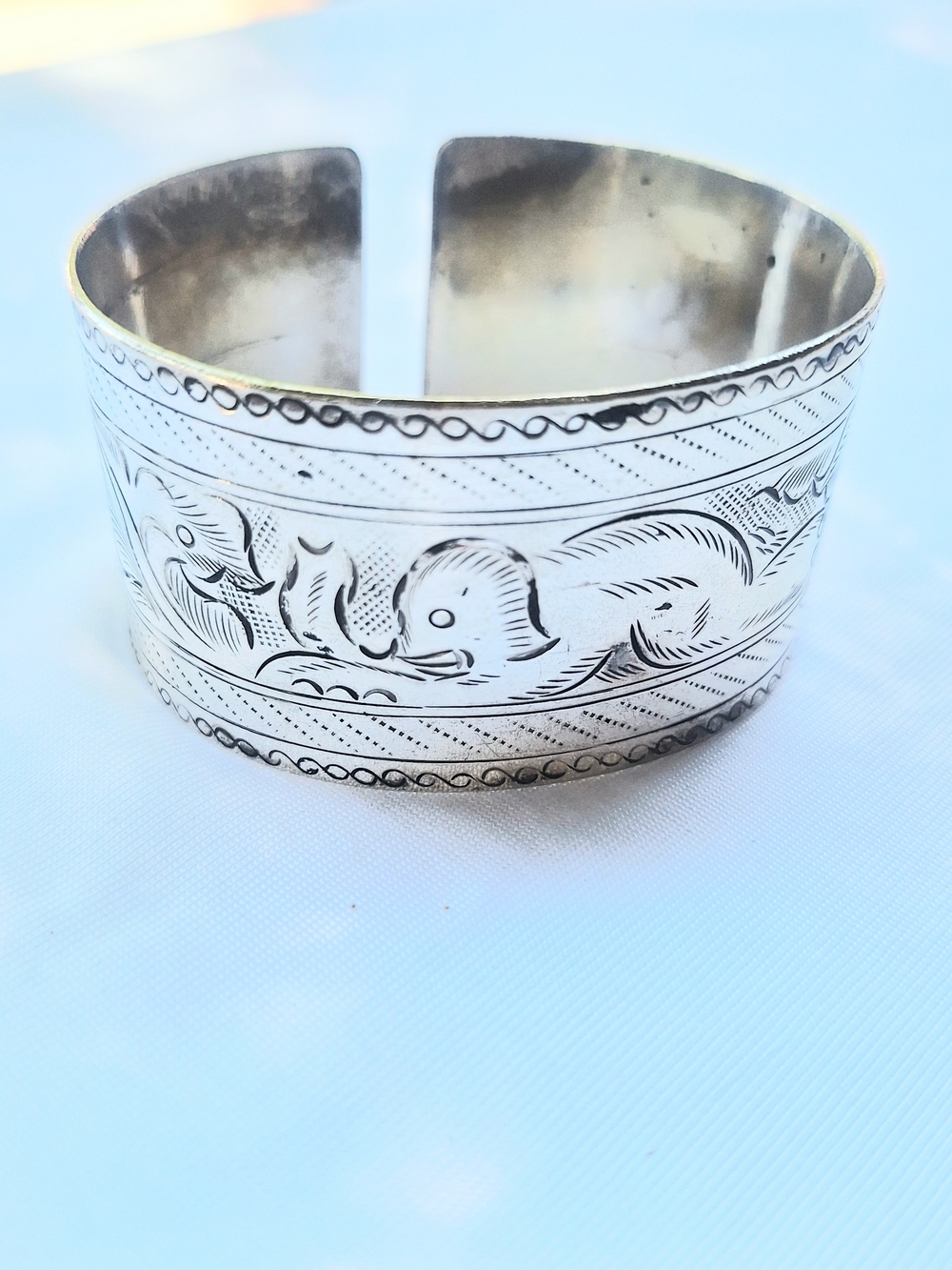 Vintage Engraved Silver-Tone Wide Cuff Bracelet - Elephant Motif